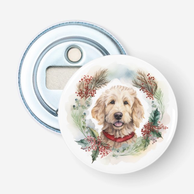 Goldendoodle Christmas Wreath Festive Pup Bottle Opener (Front)