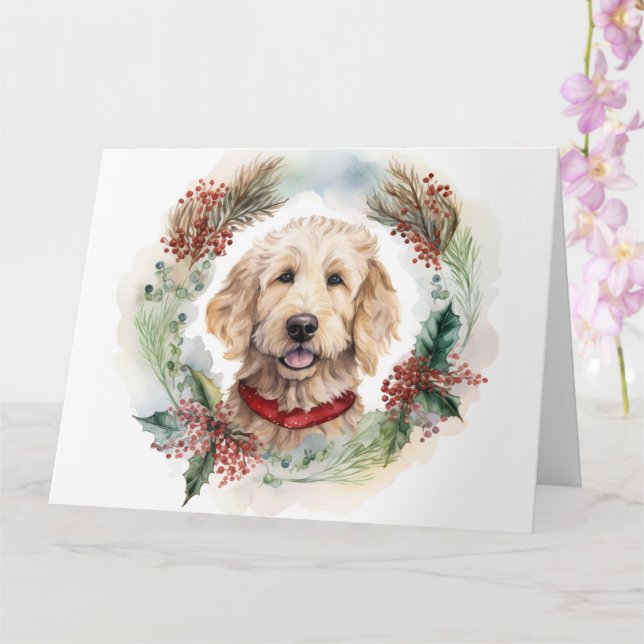 Goldendoodle Christmas Wreath Festive Pup Card (Orchid)