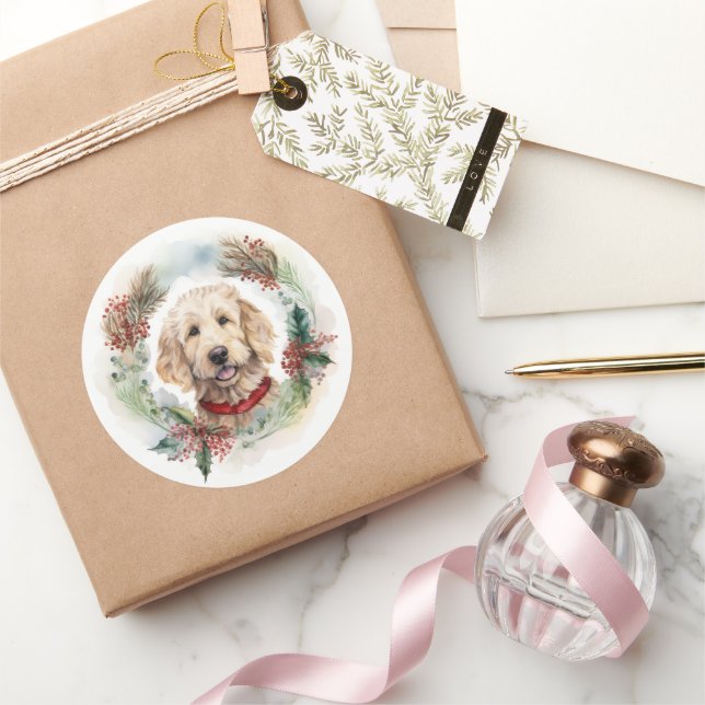 Goldendoodle Christmas Wreath Festive Pup Classic Round Sticker (Gifting)