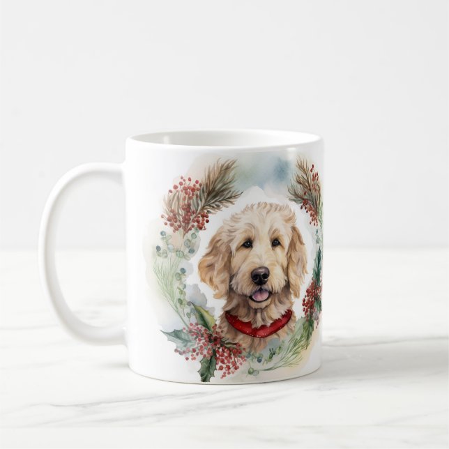 Goldendoodle Christmas Wreath Festive Pup Coffee Mug (Left)