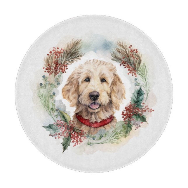 Goldendoodle Christmas Wreath Festive Pup Cutting Board (Front)