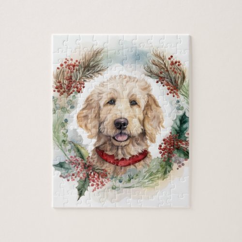 Goldendoodle Christmas Wreath Festive Pup Jigsaw Puzzle