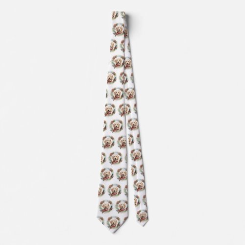 Goldendoodle Christmas Wreath Festive Pup Neck Tie