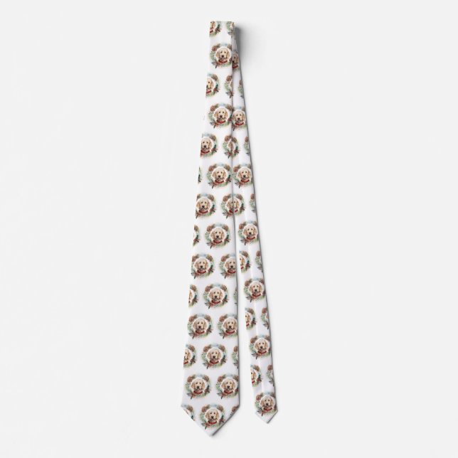 Goldendoodle Christmas Wreath Festive Pup Neck Tie (Front)