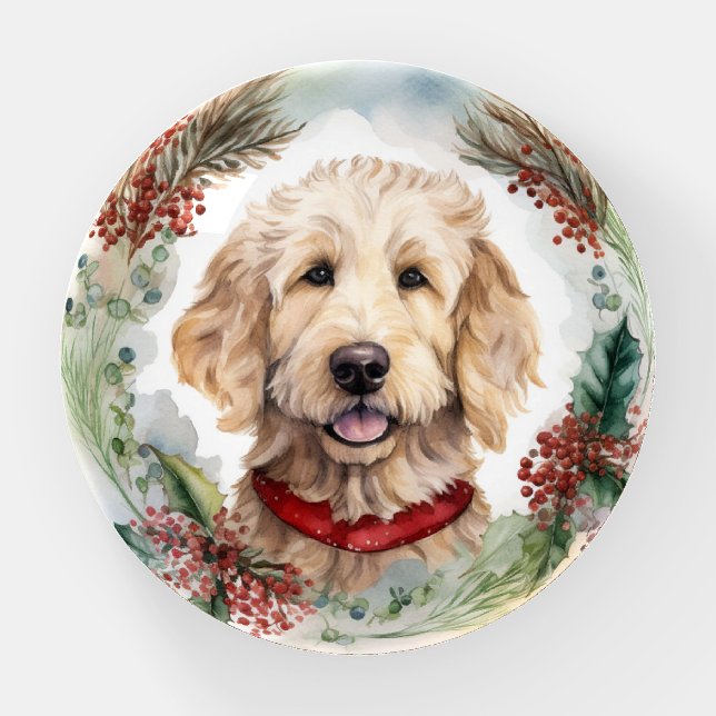 Goldendoodle Christmas Wreath Festive Pup Paperweight (Front)