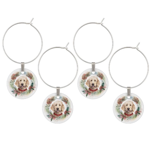 Goldendoodle Christmas Wreath Festive Pup Wine Charm (Staggered)