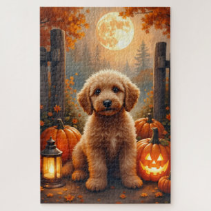 Goldendoodle Cozy Pumpkin Farm Halloween Art Jigsaw Puzzle