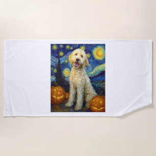 Goldendoodle Cute Dog Halloween Jack O Lantern Pum Beach Towel