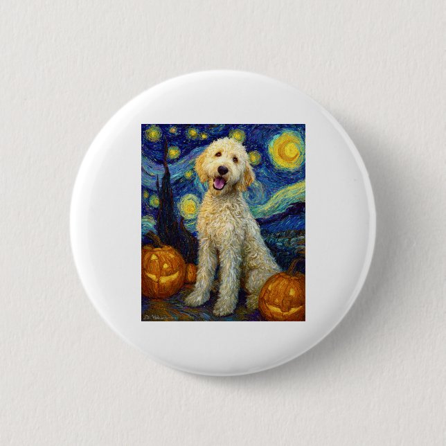 Goldendoodle Cute Dog Halloween Jack O Lantern Pum Button (Front)