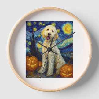 Goldendoodle Cute Dog Halloween Jack O Lantern Pum Clock