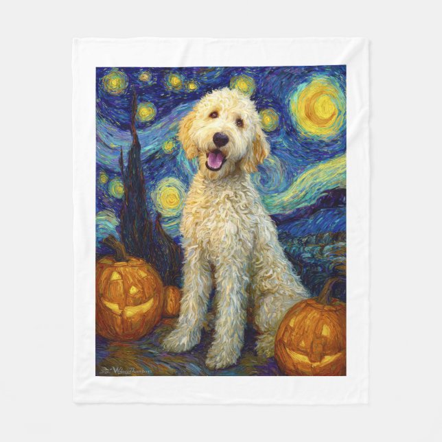 Goldendoodle Cute Dog Halloween Jack O Lantern Pum Fleece Blanket (Front)