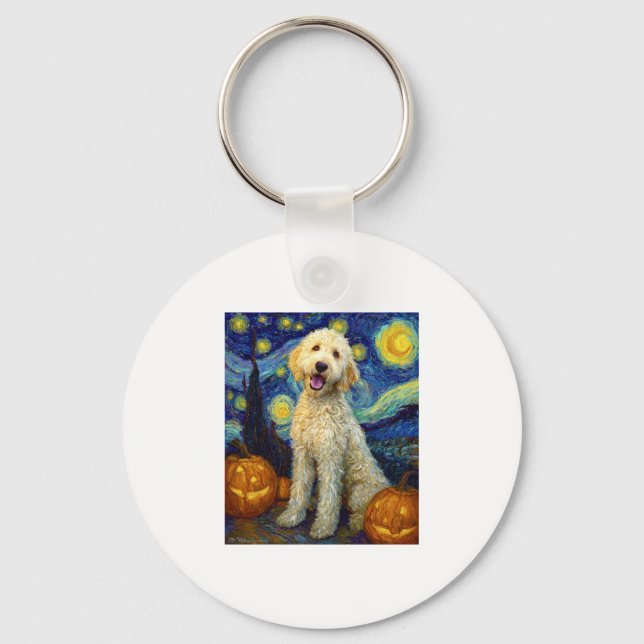 Goldendoodle Cute Dog Halloween Jack O Lantern Pum Keychain (Front)