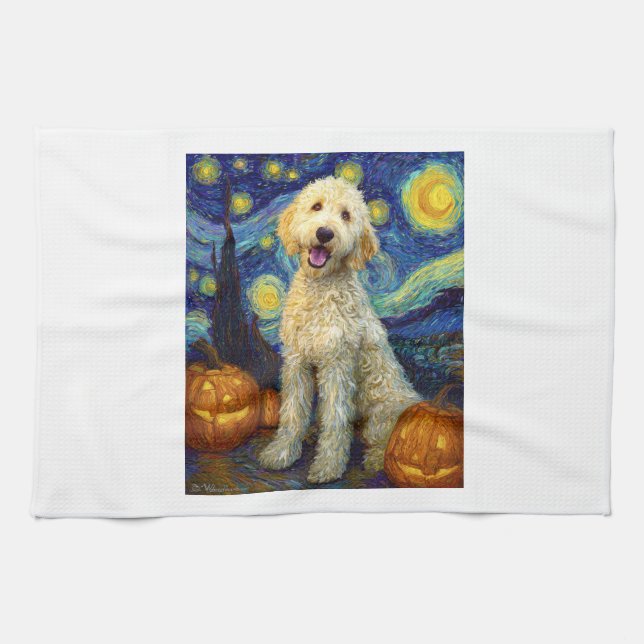 Goldendoodle Cute Dog Halloween Jack O Lantern Pum Kitchen Towel (Horizontal)
