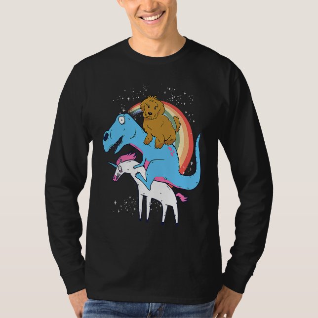 Goldendoodle Dinosaur Riding Unicorn Kids Men Rain T-Shirt (Front)