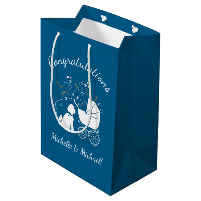 Goldendoodle Dog Baby Shower Boy Blue Medium Gift Bag (Back Angled)