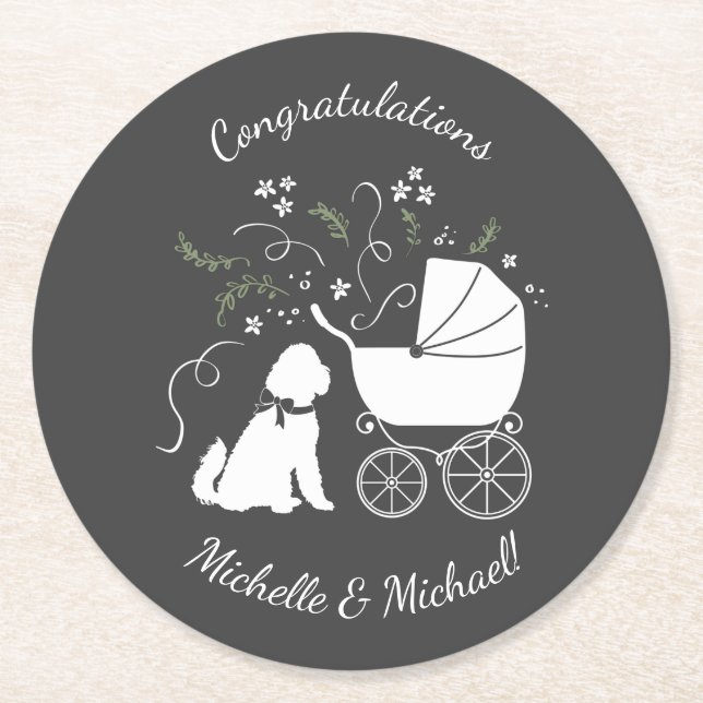 Goldendoodle Dog Baby Shower Genderless Round Paper Coaster (Front)
