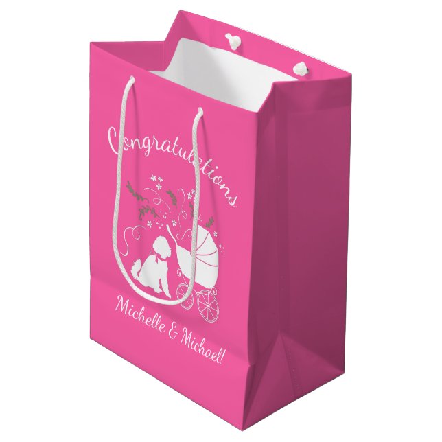 Goldendoodle Dog Baby Shower Pink Girl Medium Gift Bag (Front Angled)