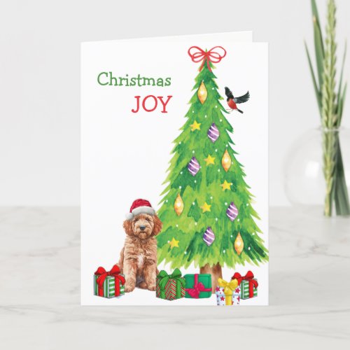 Goldendoodle Dog Bird and Christmas Tree Holiday Card