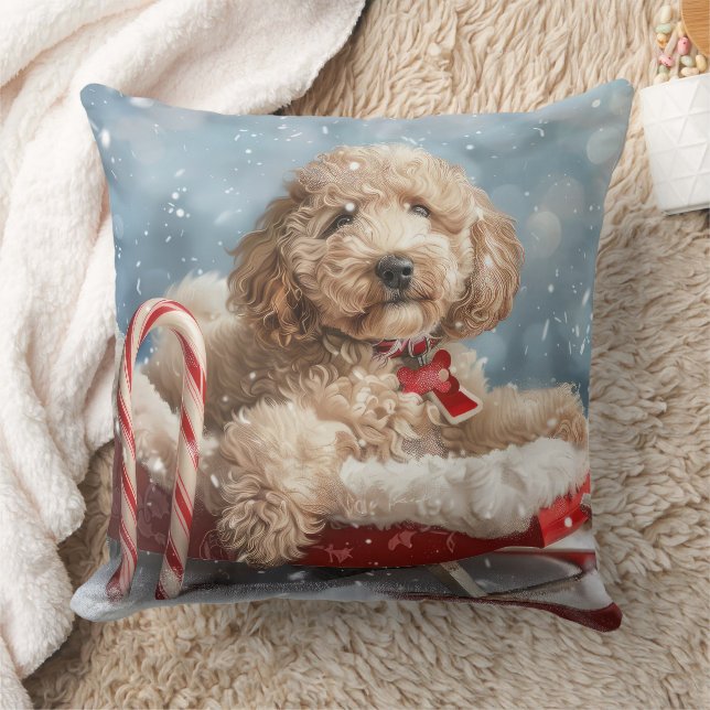 Goldendoodle Dog Christmas Festive  Throw Pillow (Blanket)