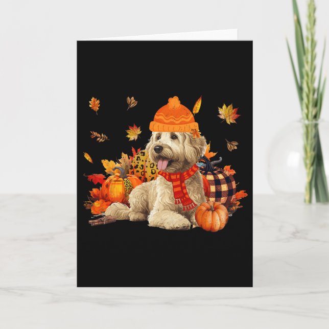 Goldendoodle Dog Fall Scarf Leopard Pumpkins Autum Card (Front)