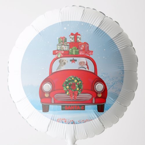 Goldendoodle Dog In Car With Santa Claus Balloon