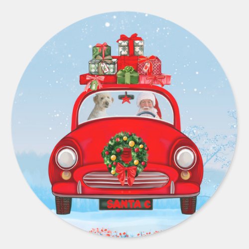 Goldendoodle Dog In Car With Santa Claus  Classic Round Sticker