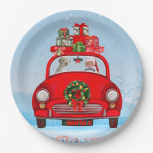Goldendoodle Dog In Car With Santa Claus Paper Plates