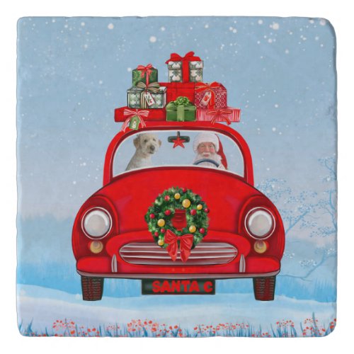 Goldendoodle Dog In Car With Santa Claus  Trivet