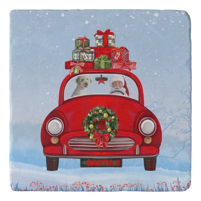 Goldendoodle Dog In Car With Santa Claus  Trivet (Front)