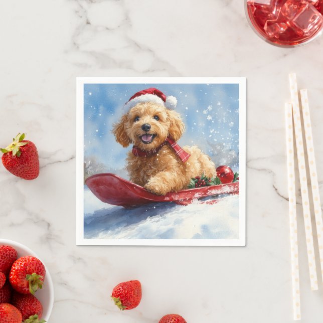 Goldendoodle Dog in Sledge Let it Snow Christmas Napkins (Insitu)