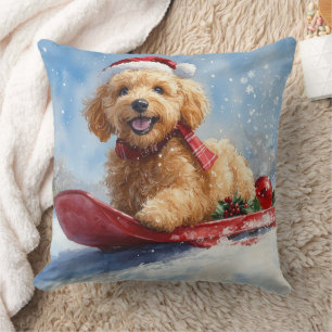 Goldendoodle Dog in Sledge Let it Snow Christmas Throw Pillow