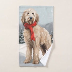 Goldendoodle Dog in Snow Christmas Bath Towel Set