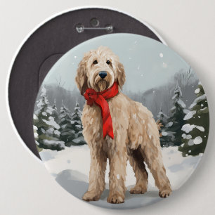 Goldendoodle Dog in Snow Christmas Button