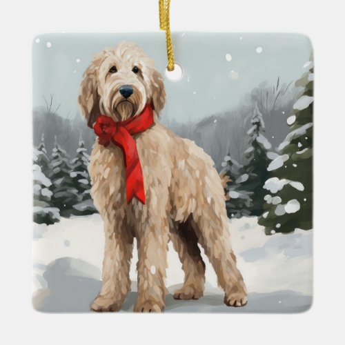 Goldendoodle Dog in Snow Christmas  Ceramic Ornament