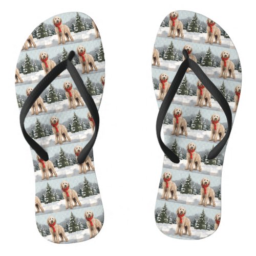 Goldendoodle Dog in Snow Christmas  Flip Flops