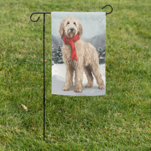 Goldendoodle Dog in Snow Christmas Garden Flag
