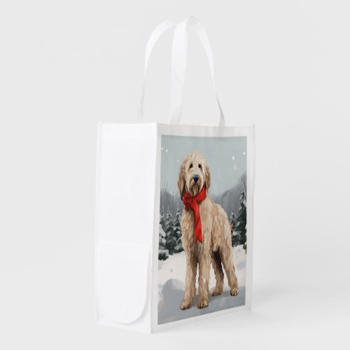 Goldendoodle Dog in Snow Christmas  Grocery Bag