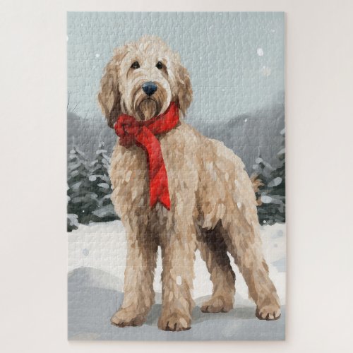 Goldendoodle Dog in Snow Christmas  Jigsaw Puzzle