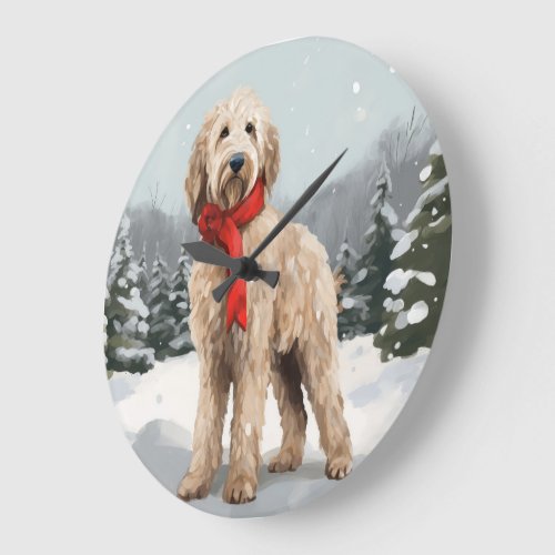 Goldendoodle Dog in Snow Christmas  Large Clock