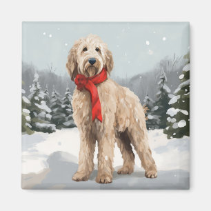 Goldendoodle Dog in Snow Christmas Magnet