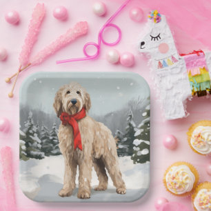 Goldendoodle Dog in Snow Christmas Paper Plates