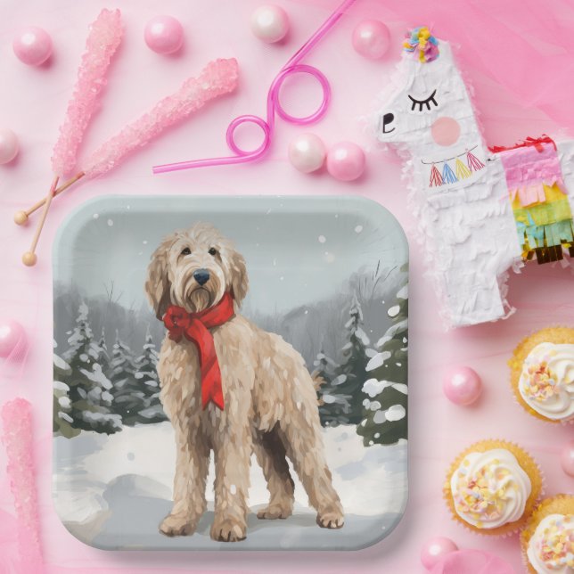 Goldendoodle Dog in Snow Christmas  Paper Plates (Party)