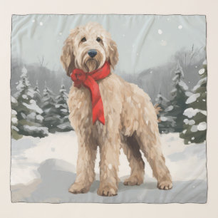 Goldendoodle Dog in Snow Christmas Scarf
