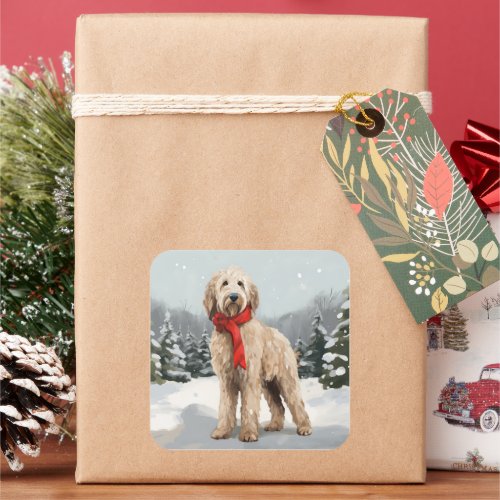 Goldendoodle Dog in Snow Christmas  Square Sticker