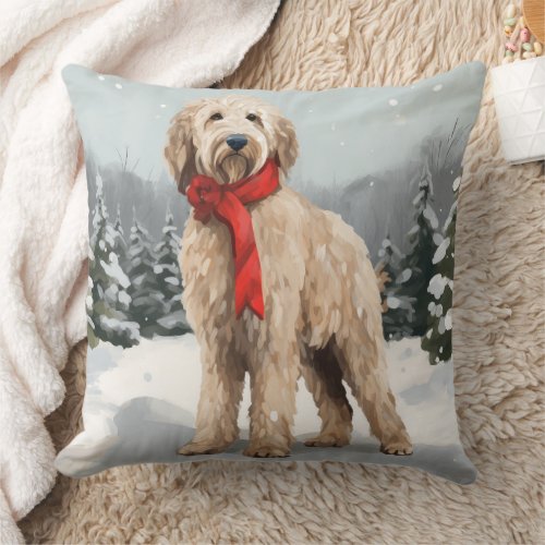 Goldendoodle Dog in Snow Christmas  Throw Pillow