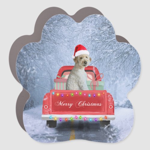 Goldendoodle Dog in Snow sitting in Christmas Car Magnet