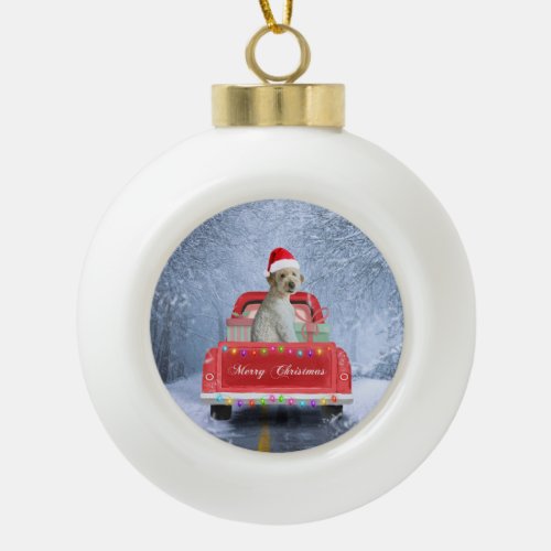 Goldendoodle Dog in Snow sitting in Christmas Ceramic Ball Christmas Ornament