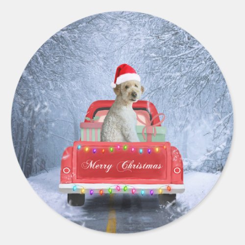 Goldendoodle Dog in Snow sitting in Christmas Classic Round Sticker