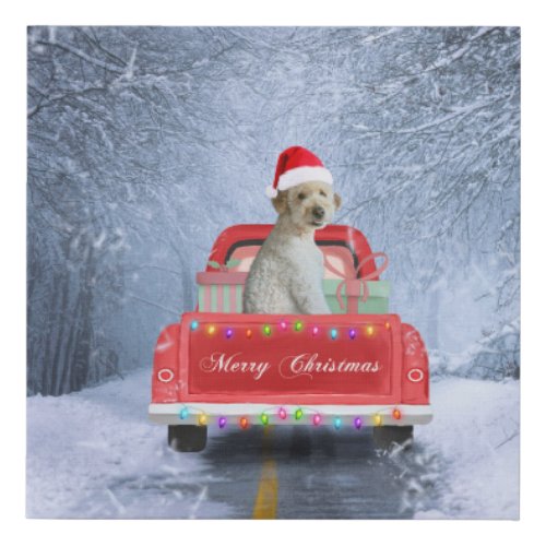 Goldendoodle Dog in Snow sitting in Christmas  Faux Canvas Print