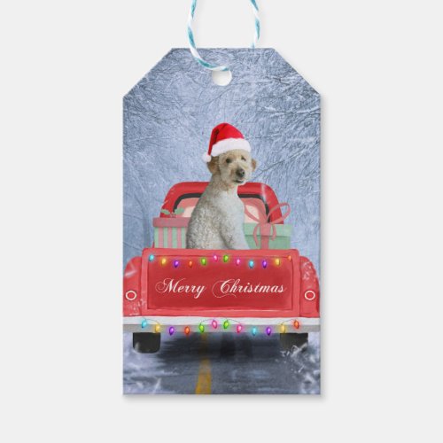 Goldendoodle Dog in Snow sitting in Christmas Gift Tags